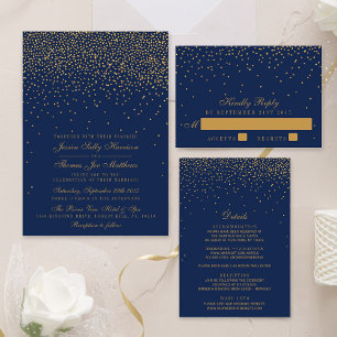 Navy Blue & Glam Gold Confetti Wedding Invitation