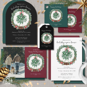 Rustic Christmas Watercolor Wreath Mistletoe  Holiday Card