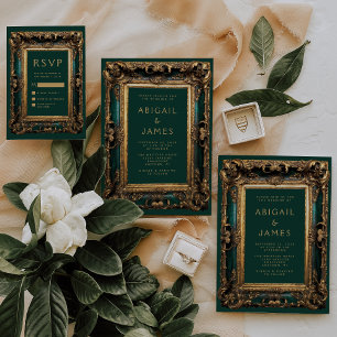 Vintage Green Gold QR Code Wedding Save the Date Invitation