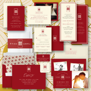 Simple Rectangle Double Happiness Chinese Wedding RSVP Card