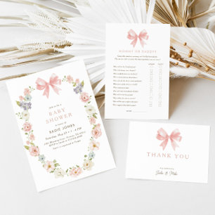 Wildflower Pink Floral Baby Girls Bow Baby Shower Invitation