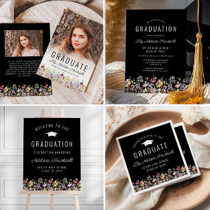 Boho Wildflowers Black Graduation Party Invitation