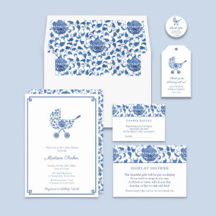 Classic Stroller Blue White Baby Shower Favour Classic Round Sticker