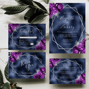 Navy Foil Purple Silver Floral Wedding Invitation