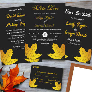 Elegant Luxury Black And Gold Leaves Fall Wedding All In One Invitation