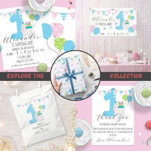 Cute dog next to blue number one First Birthday Invitation