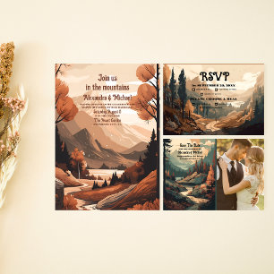 Rustic Mountain Forest Evergreen Wedding QR Code All In One Invitation
