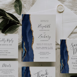 Modern Agate Navy Blue Gold Save the Date Card