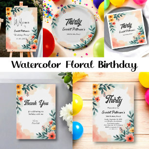 Romantic Watercolor Floral Summer 30th Birthday Invitation