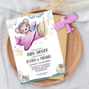 Girl Teddy Bear Aeroplane Baby Shower Invitation