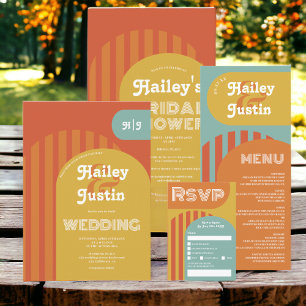 Vintage retro 70s terracotta arch wedding rsvp invitation