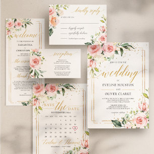 Modern Boho blush pink floral gold frame wedding Invitation