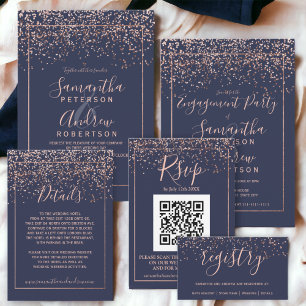 Rose gold confetti navy blue typography engagement invitation
