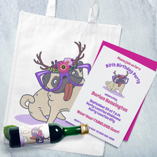 Cute Girly Boho Floral Pug Purple Glasses Birthday Invitation