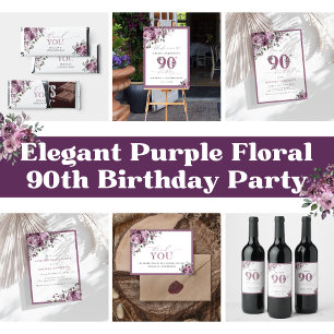 Elegant Dark Purple Floral 90th Birthday Invitation