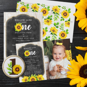 1st Birthday Sunflower & Rustic Wood Country Photo Invitation