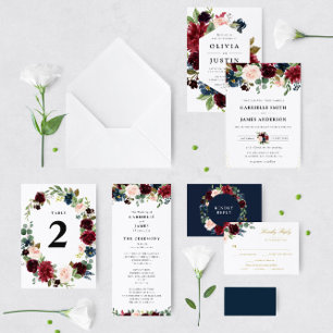 fall in love burgundy navy floral wedding invitation