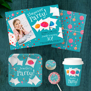 Colour Sleeping Cats Slumber Sleepover Party Photo Invitation