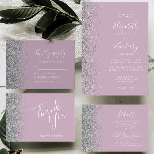 Modern Dusty Purple Silver Glitter Edge Wedding Invitation