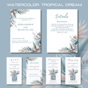 Watercolor Tropical Dream-RSVP-QR code- Business Card