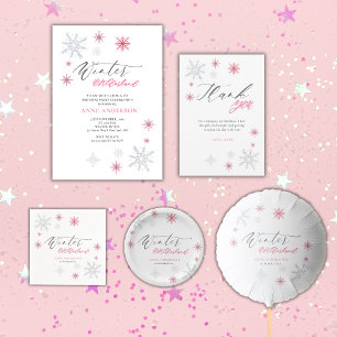 Pink Silver Glitter Snowflakes 1st Birthday Party  Thank You Card