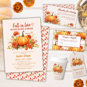 Fall in love watercolor floral pumpkin baby shower invitation
