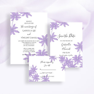 Purple Daisies on White Wedding Invitation