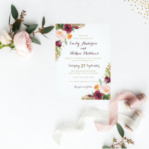 Burgundy Gold Floral Glitter Wedding Invitation
