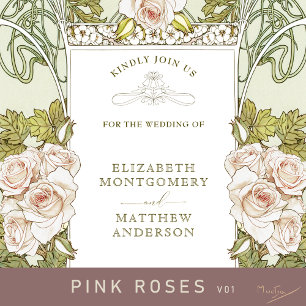 Pink Roses Romantic Art Nouveau Wedding Invitation