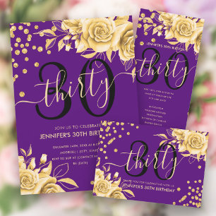Gold Purple Floral Glitter 30th Birthday Script Classic Round Sticker
