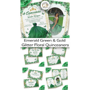 Emerald Green Gold Glitter Floral Quinceanera Classic Round Sticker