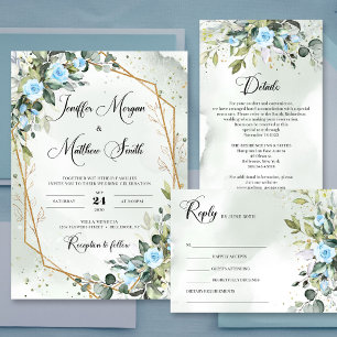 Trendy Watercolor Ice blue flowers Eucalyptus gold Save The Date