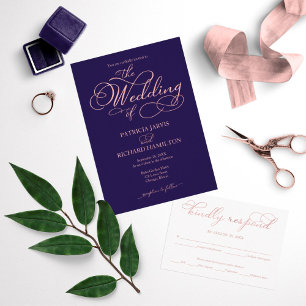 Elegant Navy Blue Rose Gold Script Classic Wedding Invitation