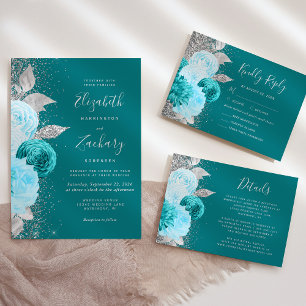Elegant Floral Turquoise Silver Glitter Wedding Invitation