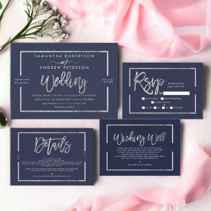 Silver modern typography navy blue chic wedding invitation