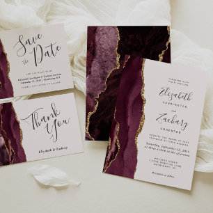 Modern Burgundy Gold Agate Blush Wedding Invitation