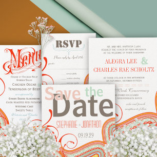 Modern Yellow Orange Aqua Mint Paisley Wedding Invitation