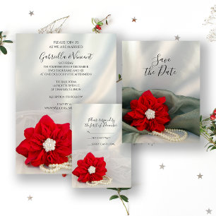 Red Poinsettia White Pearls Winter Wedding RSVP