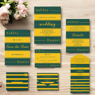 Elegant Fancy Green And Gold Stripes Chic Wedding Save The Date