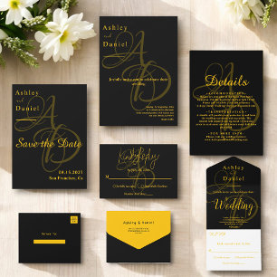 Minimal Black And Gold Monogram Elegant Wedding Invitation