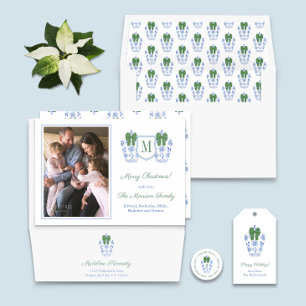 Monogram Green Blue Ginger Jars Family Photos Holiday Card