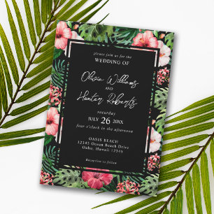 Tropical Floral Hibiscus Arch Wedding Navy Blue Invitation