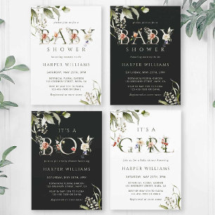 Dark Green Floral Botanical Letter Boy Baby Shower Invitation