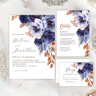 Navy Blue Terracotta Rust Floral Elegant Wedding Invitation