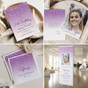 Chic Purple Glitter Drip 21st Birthday Party Napkin