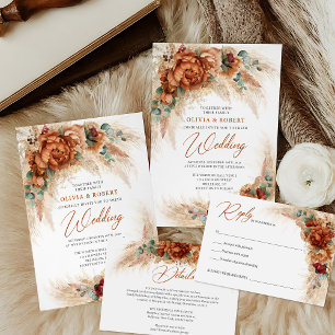 Boho terracotta burnt orange pampas grass save the date