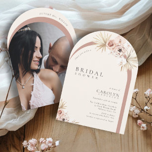 Boho Watercolor Floral Arched Photo Bridal Shower Invitation