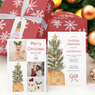 Boho Red and White Scandi Christmas Tree Party Invitation