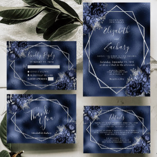 Floral Silver Geometric Navy Blue Foil Wedding Thank You Card