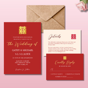 Simple red gold modern Chinese wedding Invitation